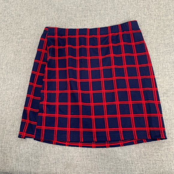 New Mini Plaid Skirt Slit Elastic waist Medium Bodycon Super Short Red Navy Blue - Picture 8 of 9